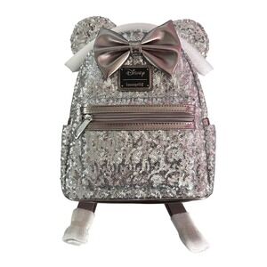 Loungefly Backpack Disney Minnie Mouse Gray Sequin Mini Metallic Bow NEW